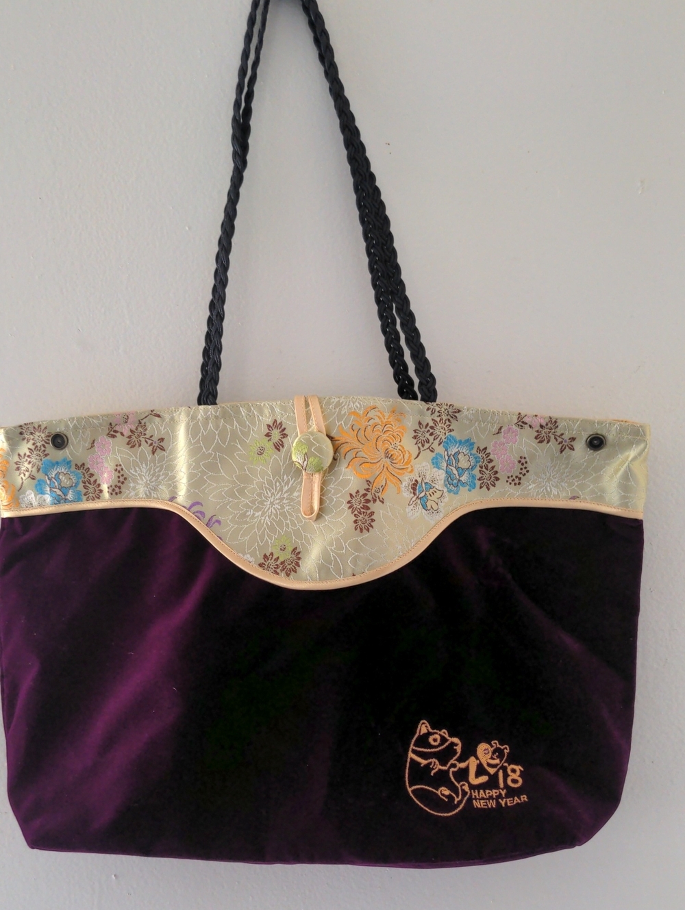 Purple Velvet Tote with Floral Embroidered Trim